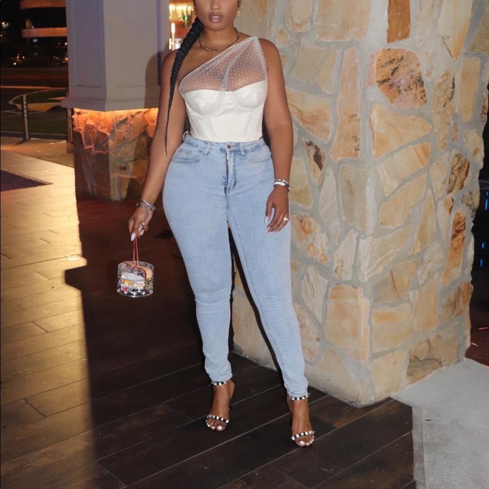 One shoulder white Lace corset